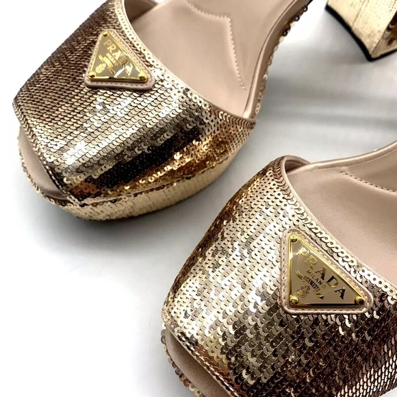 Prada Sequined Satin Platform Sandals - Picture 5 of 9